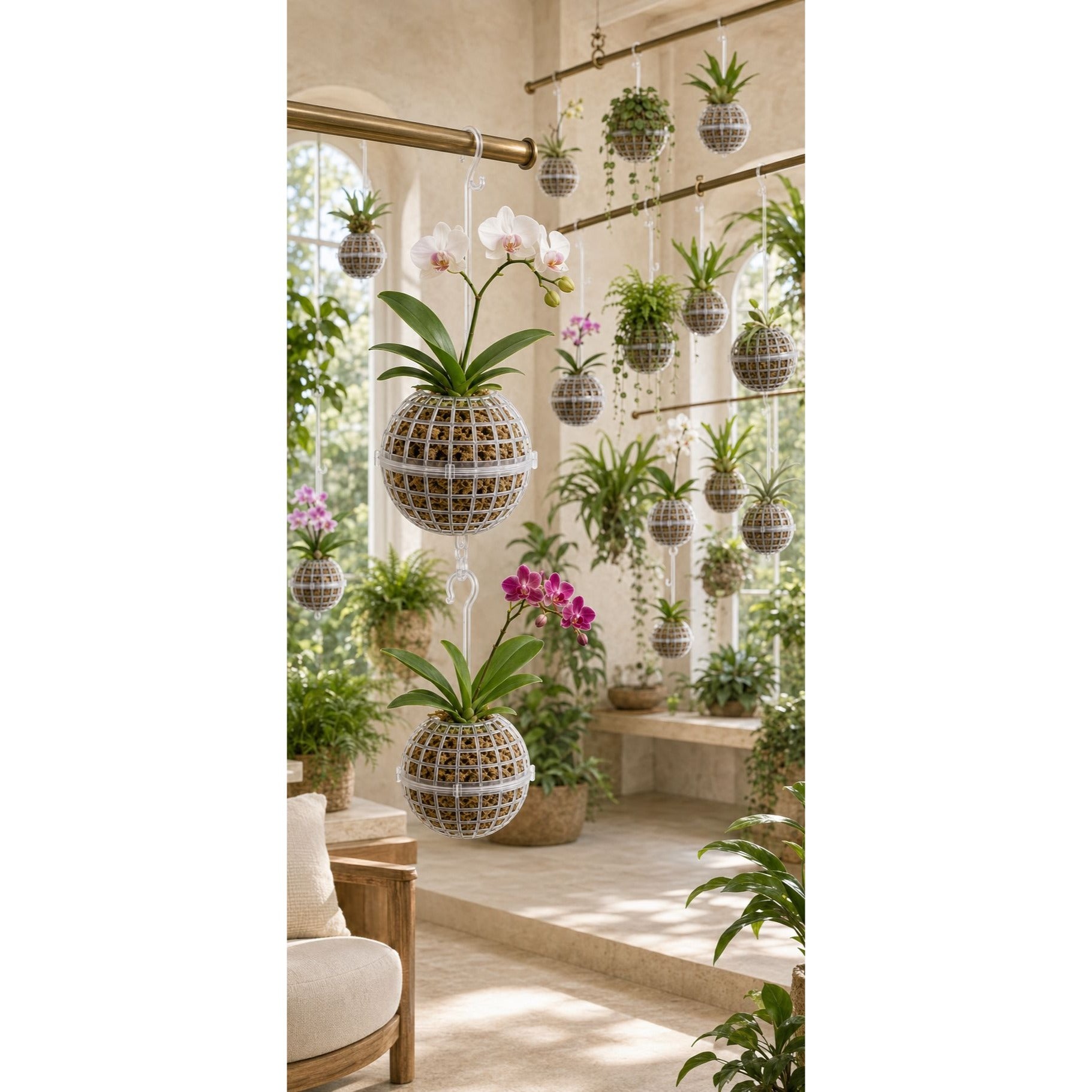 A styled interior scene with multiple hanging woven planters suspended from a rod, filled with green plants and some white and pink flowers, set in a bright sunlit room with windows, stone steps, and a chair partially visible.