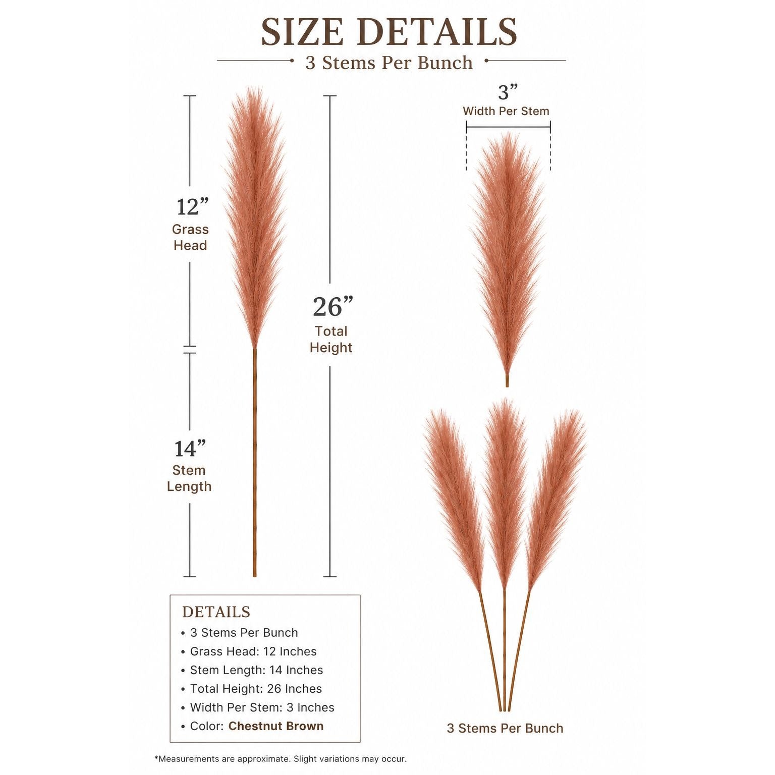 Artificial Chestnut Brown Pampas Grass Stems Set of 3 Faux Pampas Bundle Boho Farmhouse Fall Decor 26 Inch