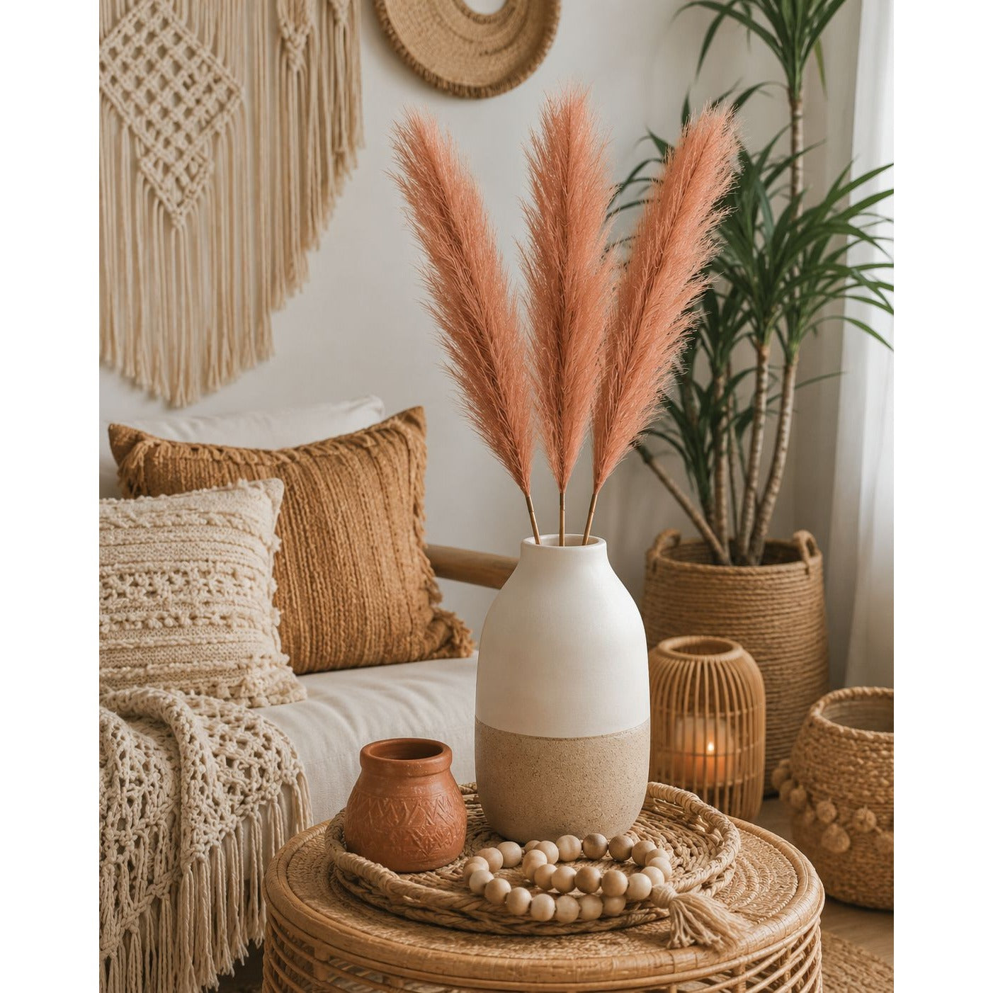 Artificial Chestnut Brown Pampas Grass Stems Set of 3 Faux Pampas Bundle Boho Farmhouse Fall Decor 26 Inch