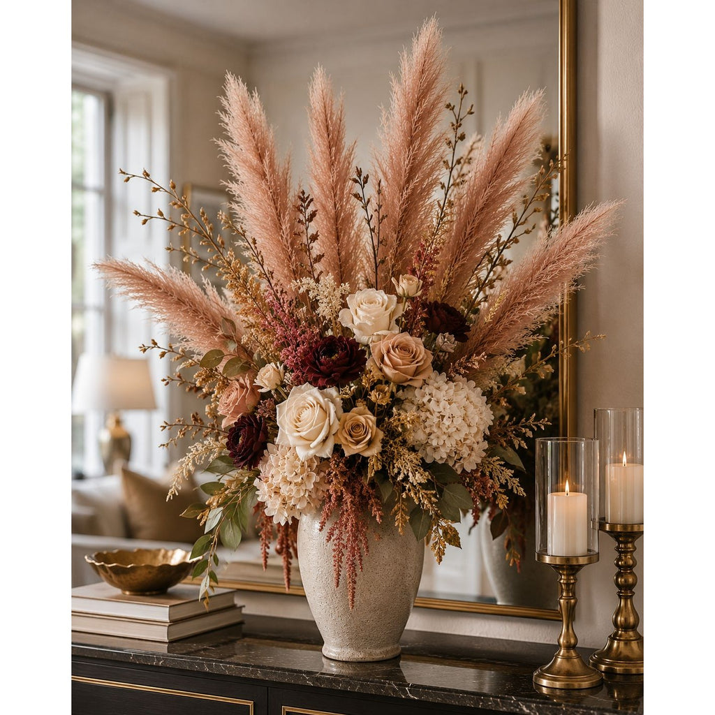 Artificial Chestnut Brown Pampas Grass Stems Set of 3 Faux Pampas Bundle Boho Farmhouse Fall Decor 26 Inch