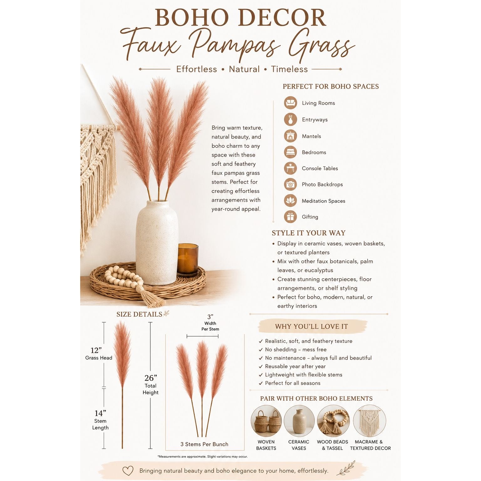 Artificial Chestnut Brown Pampas Grass Stems Set of 3 Faux Pampas Bundle Boho Farmhouse Fall Decor 26 Inch