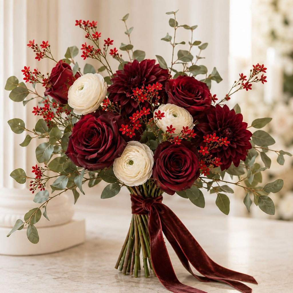Red Wax Flower Style Stems Set of 2 26 Inch Artificial Floral Filler Christmas Wreath Fall Wedding Bouquet Decor