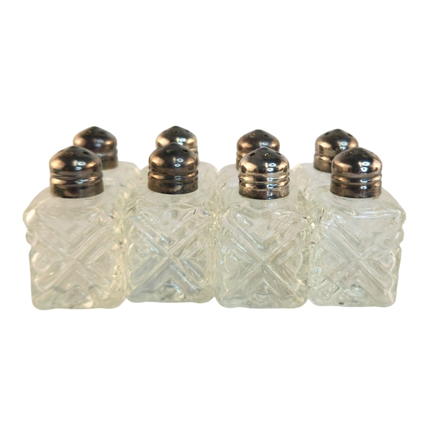 Set Of 8 Vintage Glass Salt & Pepper Shakers With Metal Lids
