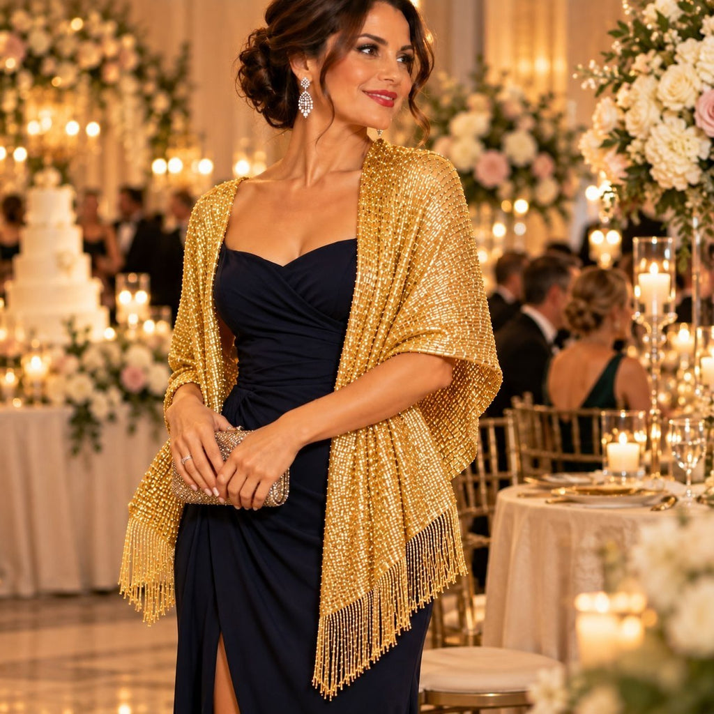 Metallic Gold Shawl Wrap 70in Fringe Evening Formal Wedding Party Stole