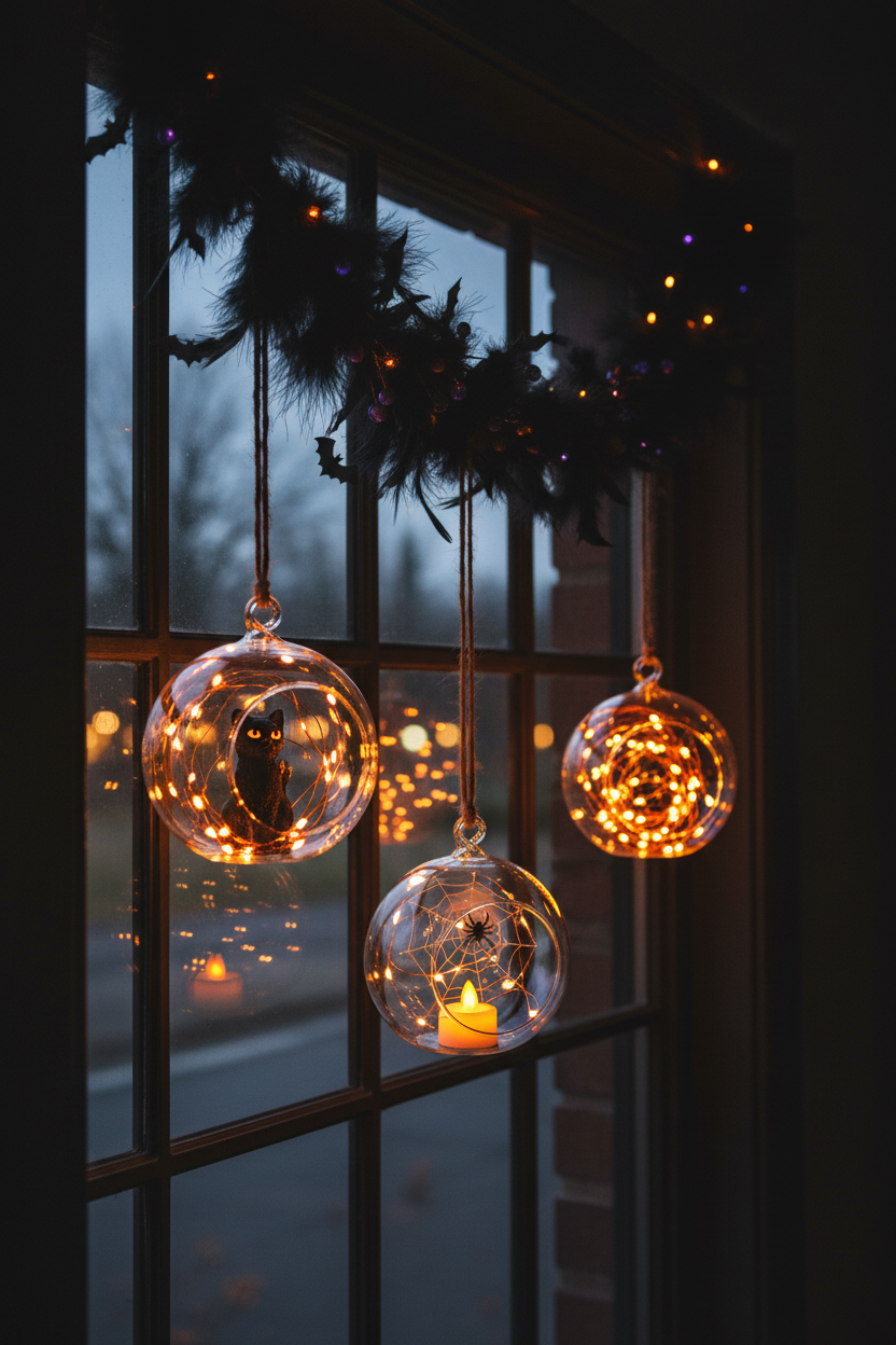 Halloween Window Garland Glass Orb Ornaments with Miniatures