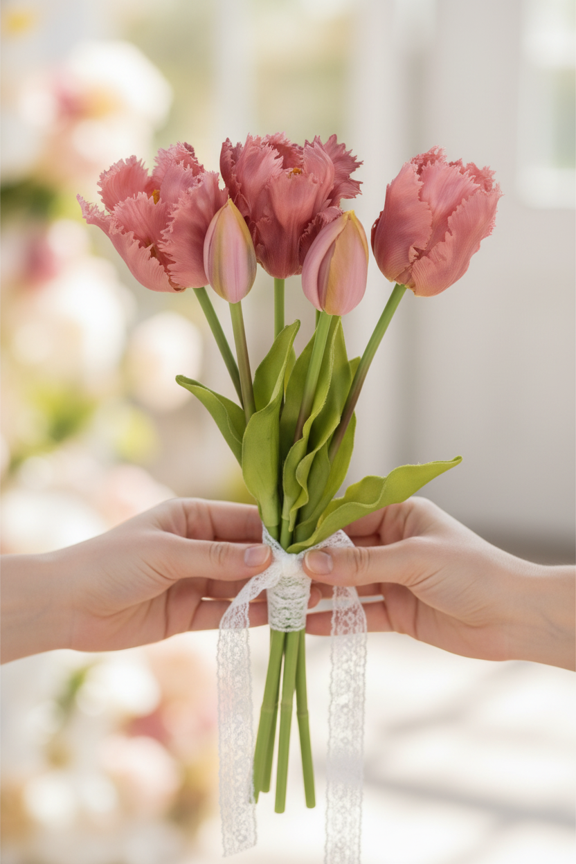Hand holding 5 pink tulip stems - wedding bouquet
