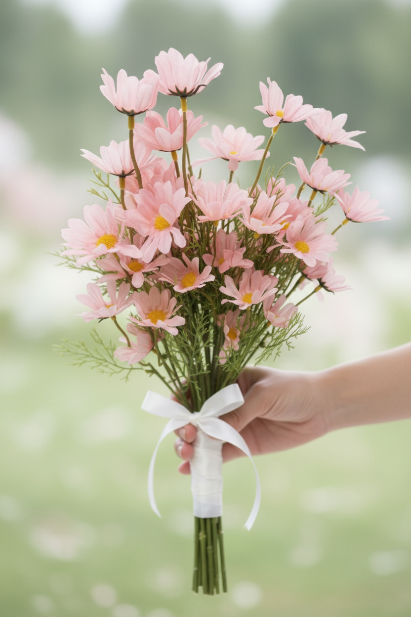 Hand holding blush pink artificial daisy bouquet - wedding flowers
