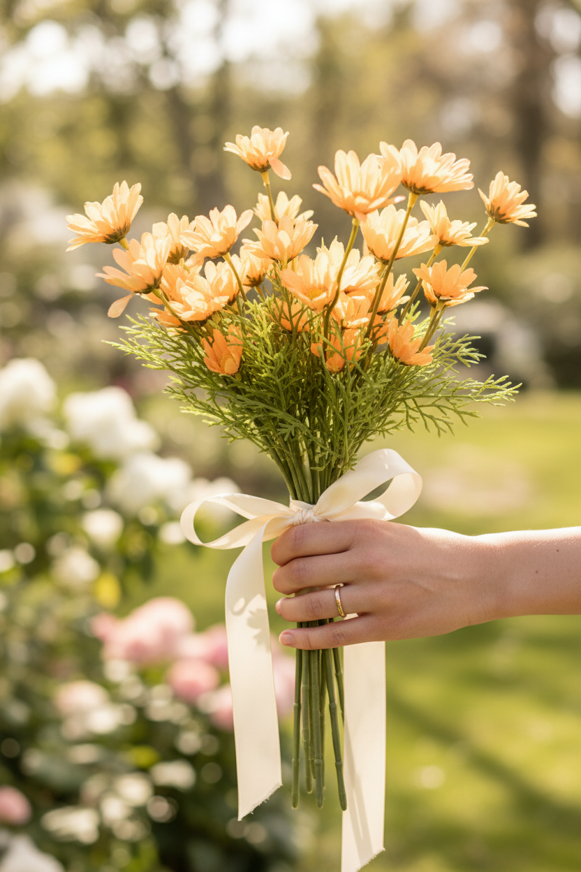 Hand holding peach apricot artificial daisy bouquet - wedding flowers
