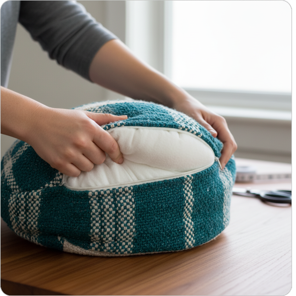 Hands inserting pillow insert into cover