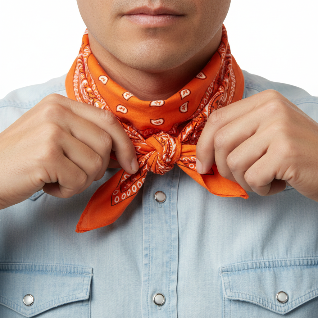 Hands tying orange bandana cowboy style