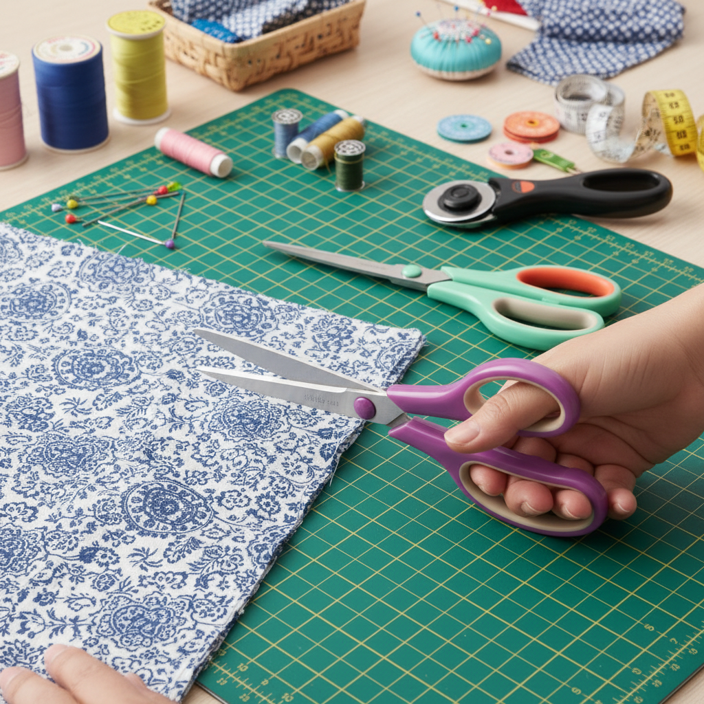 Hands using scissors to cut fabric on cutting mat
