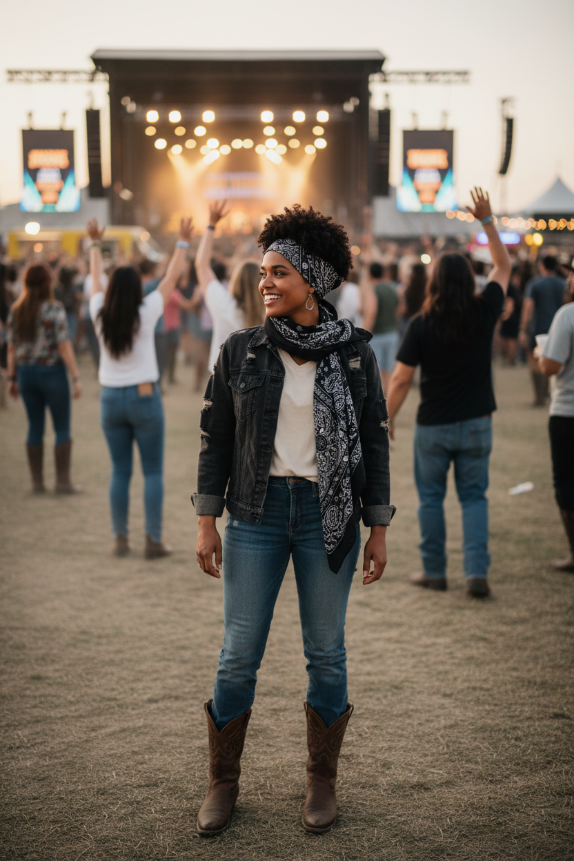 Black white paisley scarf worn as head wrap at country concert festival
