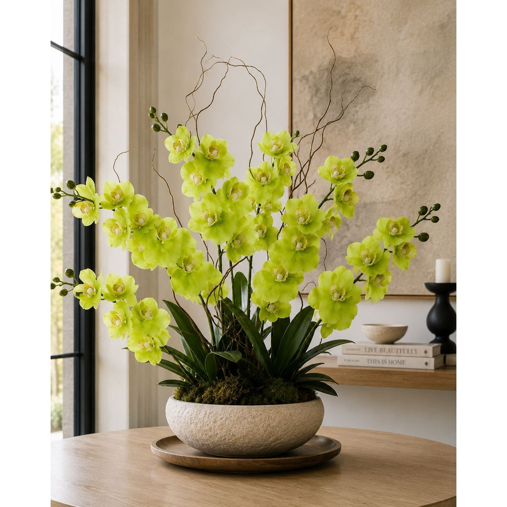 Real Touch Cymbidium Orchid Stem | Green Artificial Orchid | 31 Inch Faux Floral Stem | Wedding Arrangements