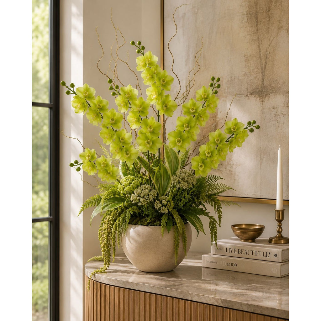 Real Touch Cymbidium Orchid Stem | Green Artificial Orchid | 31 Inch Faux Floral Stem | Wedding Arrangements