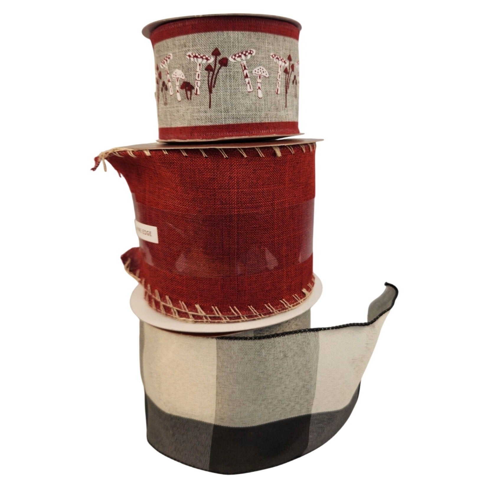 3-Pack Wired Ribbon Set - Buffalo Plaid, Red Burlap & Mushroom Design for Holiday Crafts