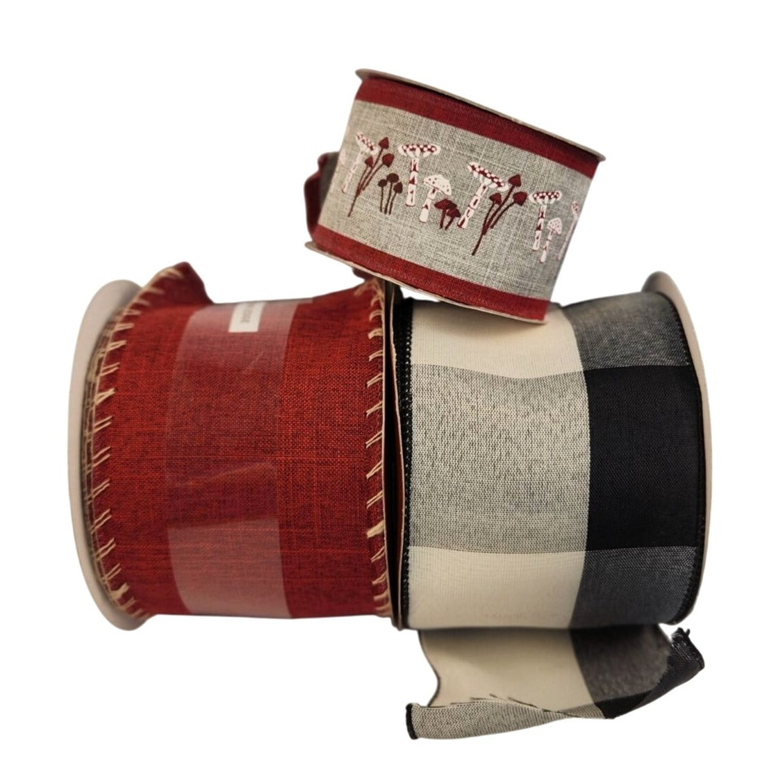3-Pack Wired Ribbon Set - Buffalo Plaid, Red Burlap & Mushroom Design for Holiday Crafts