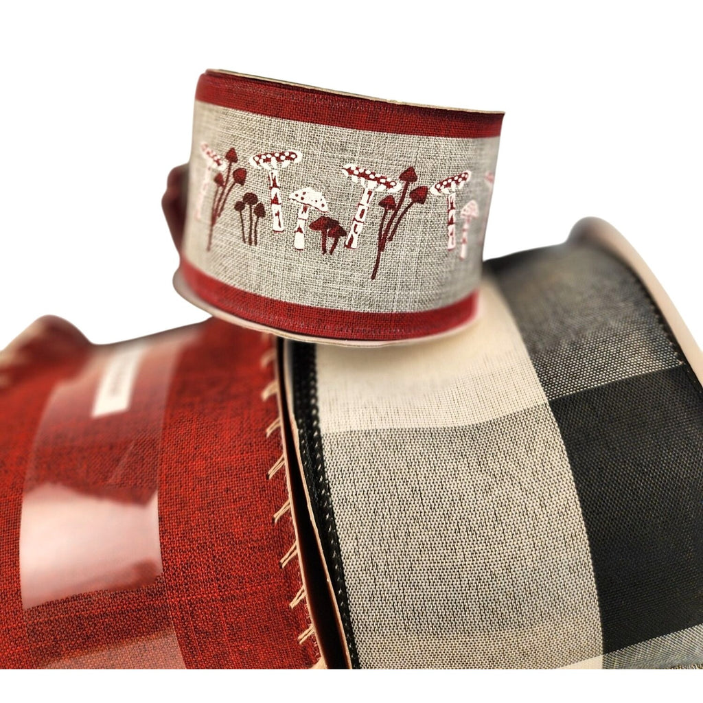3-Pack Wired Ribbon Set - Buffalo Plaid, Red Burlap & Mushroom Design for Holiday Crafts