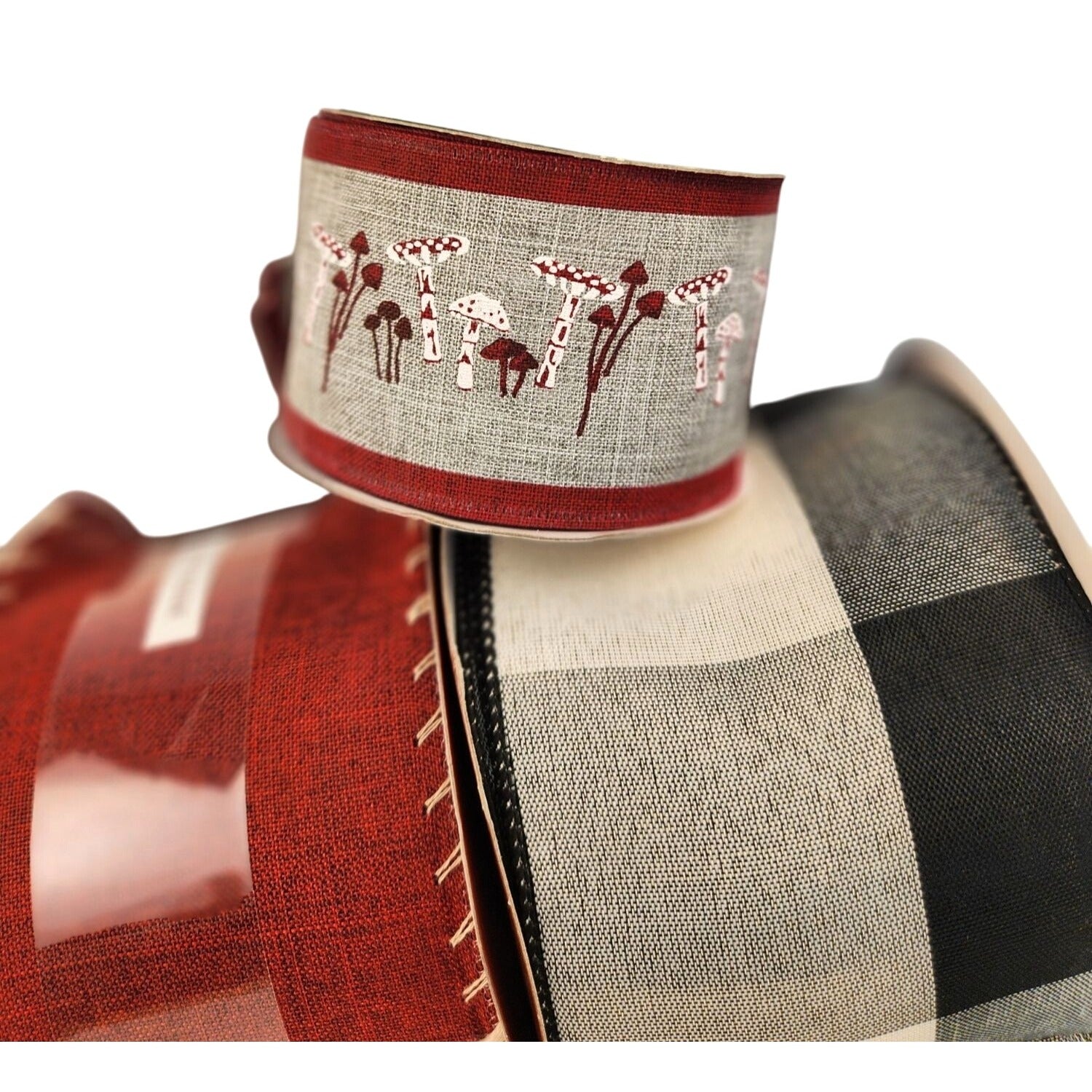 3-Pack Wired Ribbon Set - Buffalo Plaid, Red Burlap & Mushroom Design for Holiday Crafts