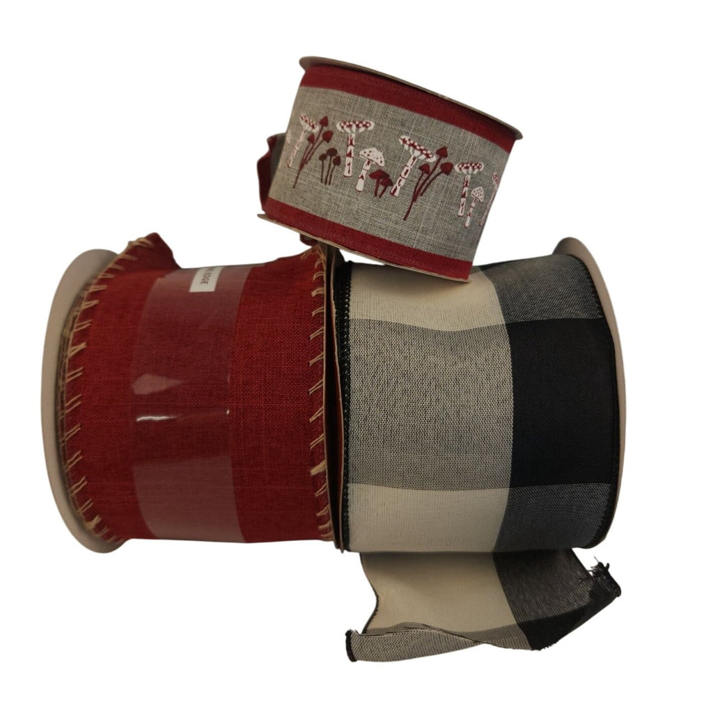 3-Pack Wired Ribbon Set - Buffalo Plaid, Red Burlap & Mushroom Design for Holiday Crafts