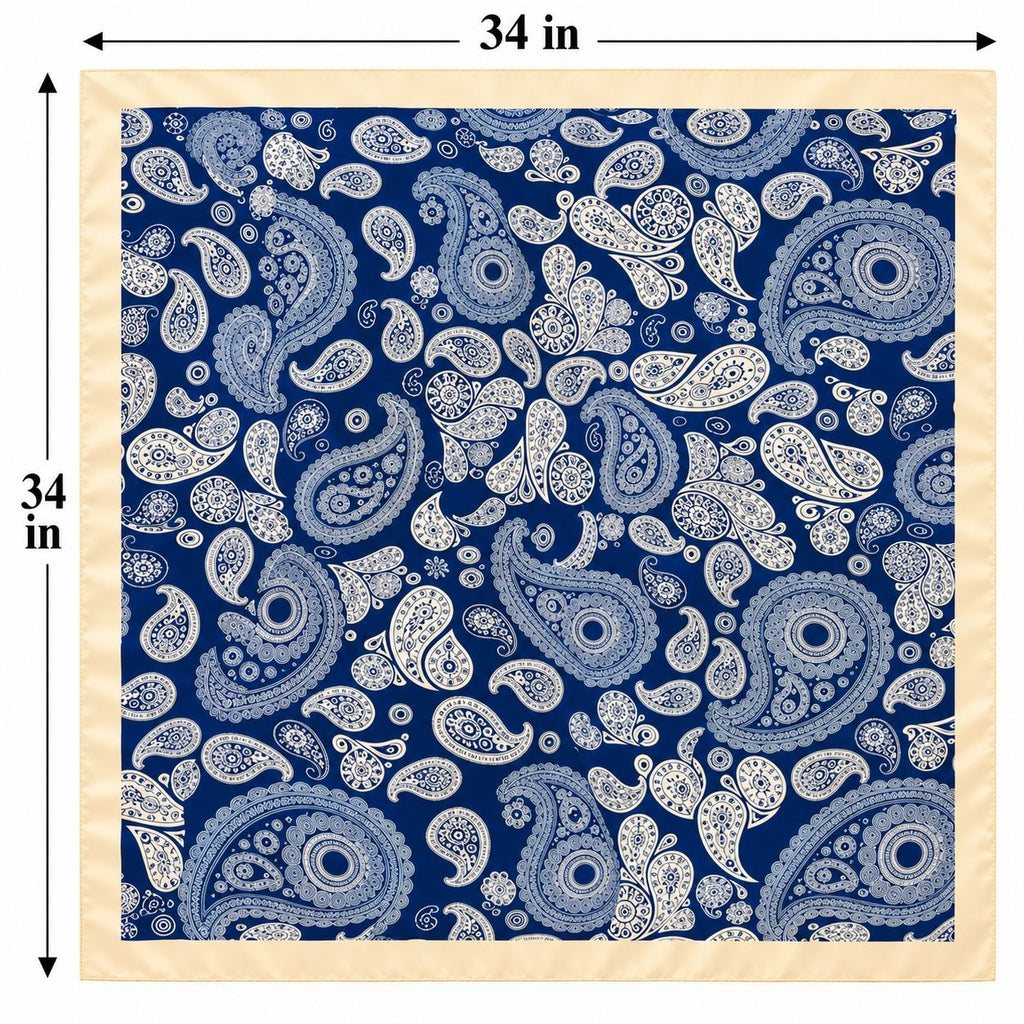 A square fabric item, likely a bandana or scarf, shown flat with dimension labels indicating 34 inches by 34 inches. The fabric has a navy blue background with an intricate white paisley pattern and a light beige border.