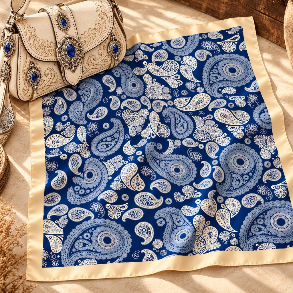 A square scarf with a blue and white paisley pattern and a beige border, styled on a tan surface next to a cream-colored embossed leather handbag with blue accents.