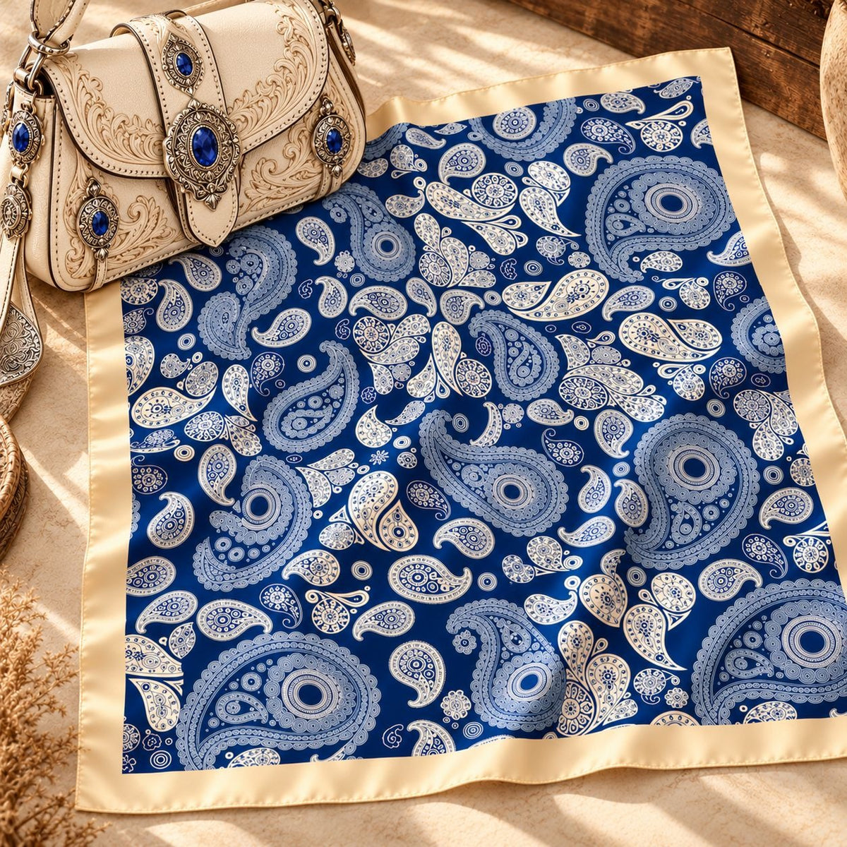 A square scarf with a blue and white paisley pattern and a beige border, styled on a tan surface next to a cream-colored embossed leather handbag with blue accents.