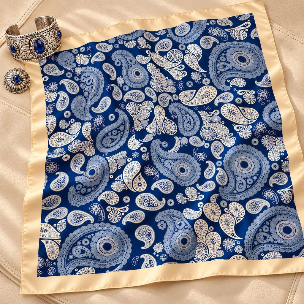 A square silk scarf with a blue and white paisley pattern and a beige border, styled on a beige leather background next to a silver cuff bracelet with blue stones.