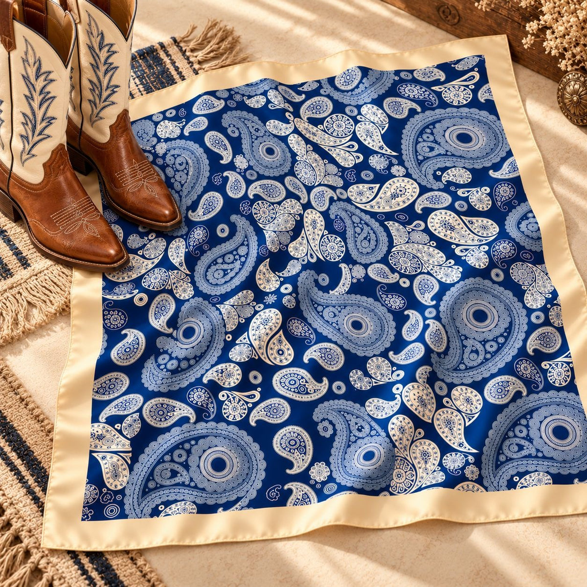 A square scarf with a blue and white paisley pattern and a cream border, styled flat on a beige surface next to brown cowboy boots.