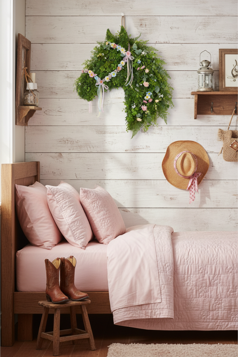 Horse head wreath with flowers and ribbon bridle in girl's western bedroom