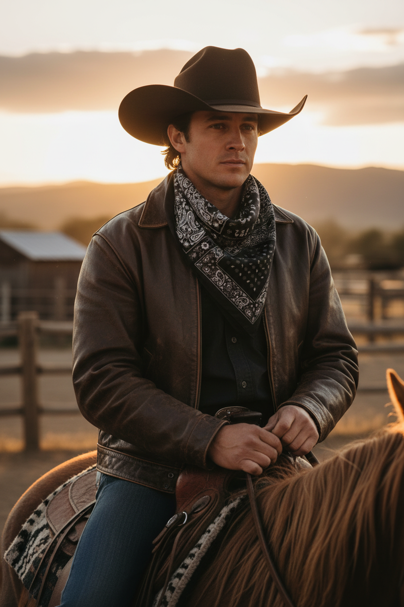34x34 black white paisley scarf worn as cowboy neckerchief at ranch fence
