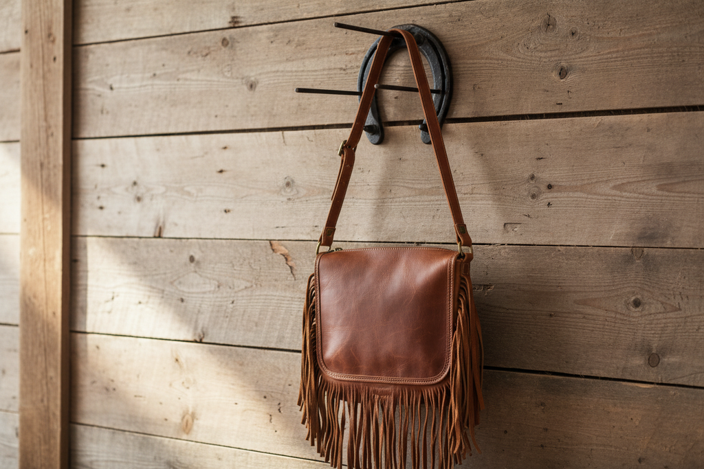 Horseshoe hook with leather fringe purse