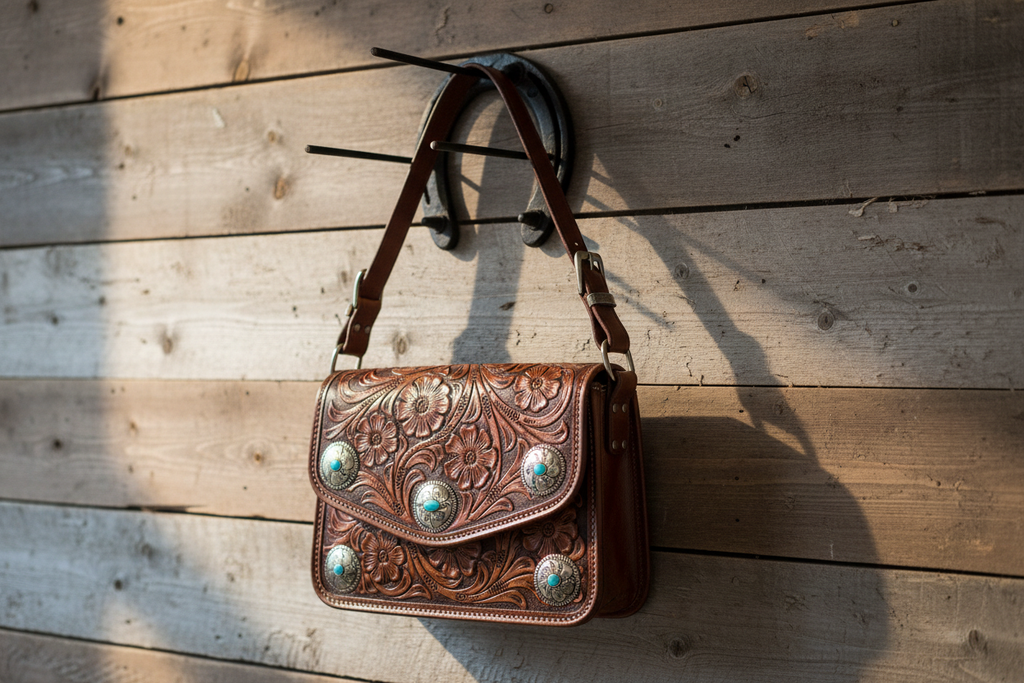 Horseshoe hook with tooled leather purse