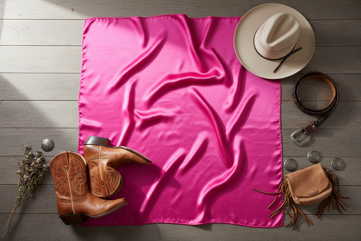 Hot pink wild rag scarf flat lay with western accessories