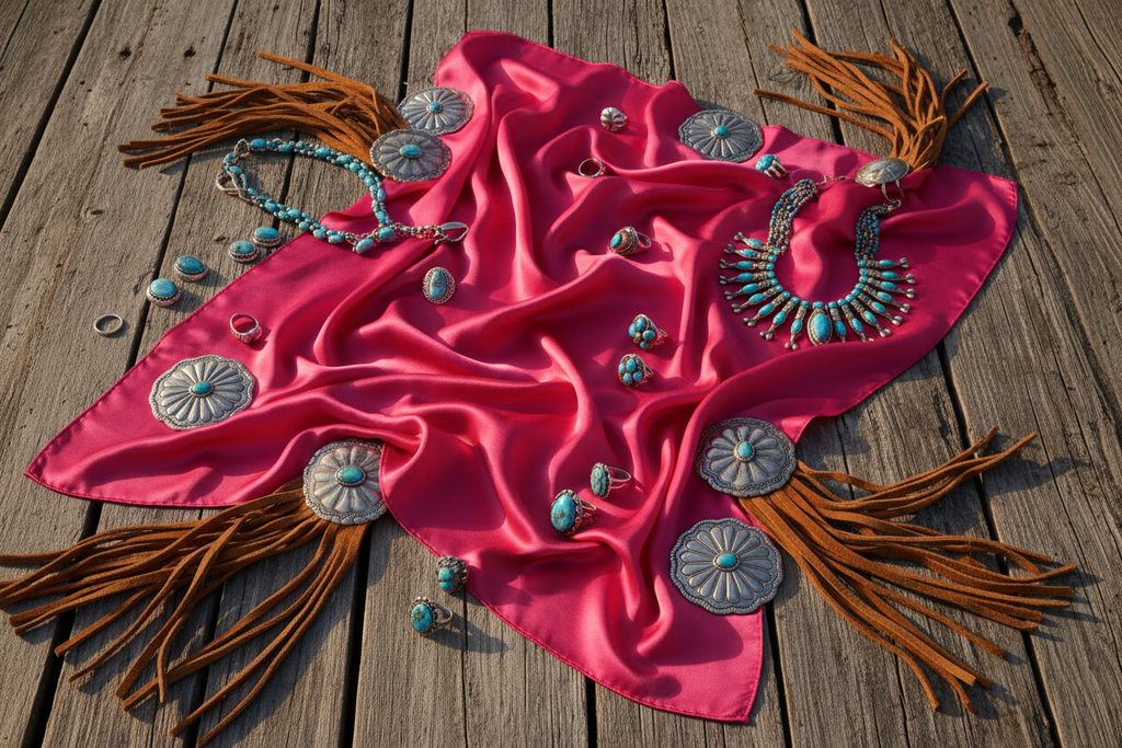 Hot pink wild rag scarf flat lay with western jewelry and accessories