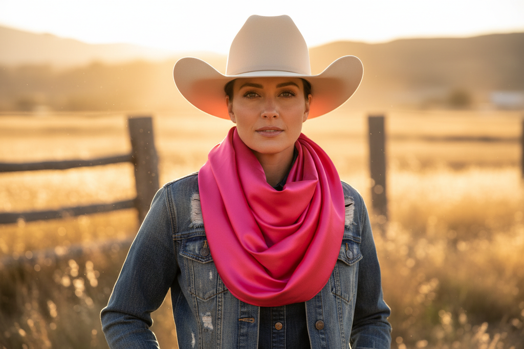 Hot pink wild rag scarf worn by cowgirl with denim and hat