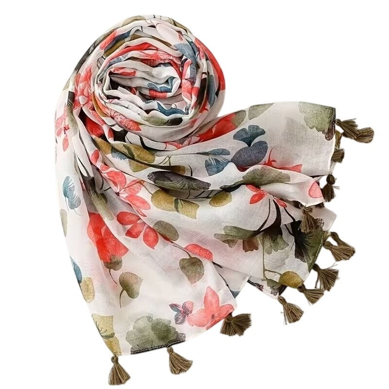 Ginkgo Leaf Scarf Lightweight Summer Shawl Wrap Womens Tassel
