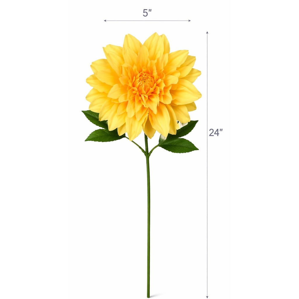 Yellow Dahlia Stem Faux Flower 24 Inch 5 Inch Bloom Bright Yellow Artificial Dahlia Summer Floral Centerpiece Decor