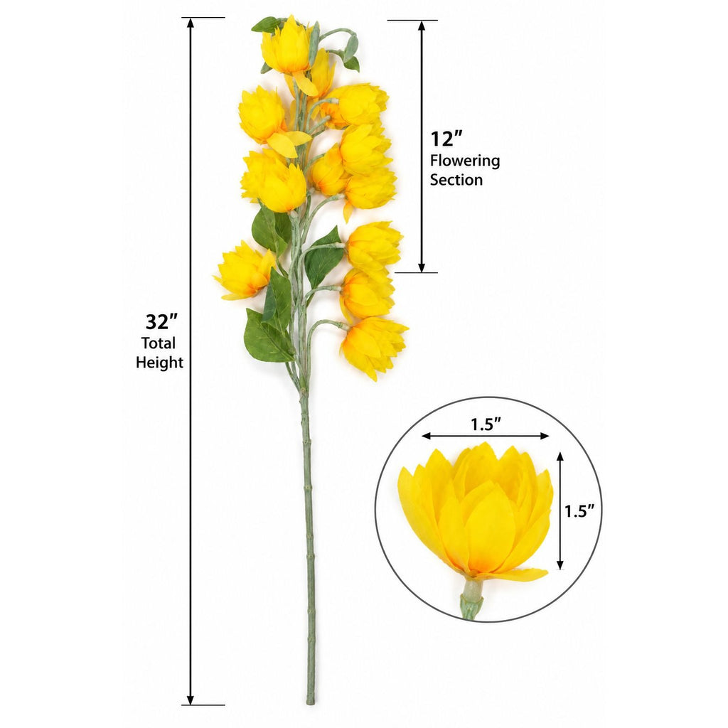 Yellow artificial flower stem with green leaves, shown on a white background with dimension labels indicating 32-inch total height, 12-inch flowering section, and 1.5-inch flower width and depth.