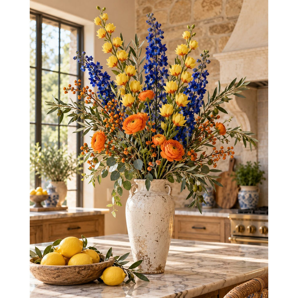 A large ceramic vase filled with a vibrant floral arrangement of blue delphiniums, yellow roses, orange ranunculus, and green foliage, displayed on a marble kitchen island with lemons in the foreground.