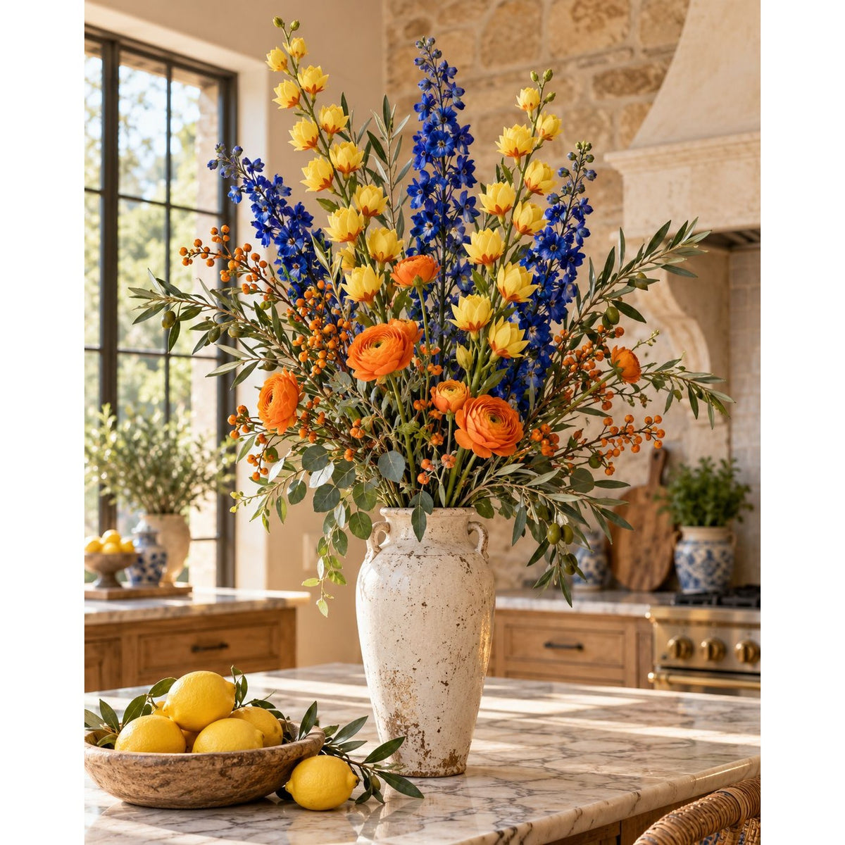 A large ceramic vase filled with a vibrant floral arrangement of blue delphiniums, yellow roses, orange ranunculus, and green foliage, displayed on a marble kitchen island with lemons in the foreground.