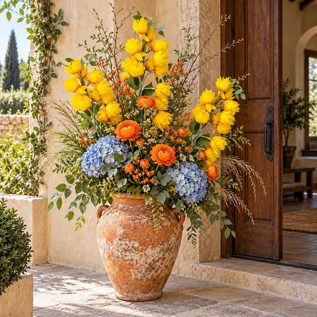 A large rustic terracotta planter filled with a vibrant floral arrangement featuring yellow ranunculus, orange ranunculus, blue hydrangeas, and green foliage, set on a stone patio in front of a stucco wall and wooden door.
