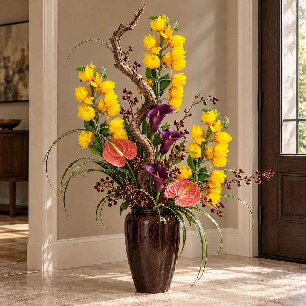 A large artificial floral arrangement in a glossy dark brown vase, featuring bright yellow flowers, purple calla lilies, pink anthuriums, and green foliage, displayed in a home entryway.