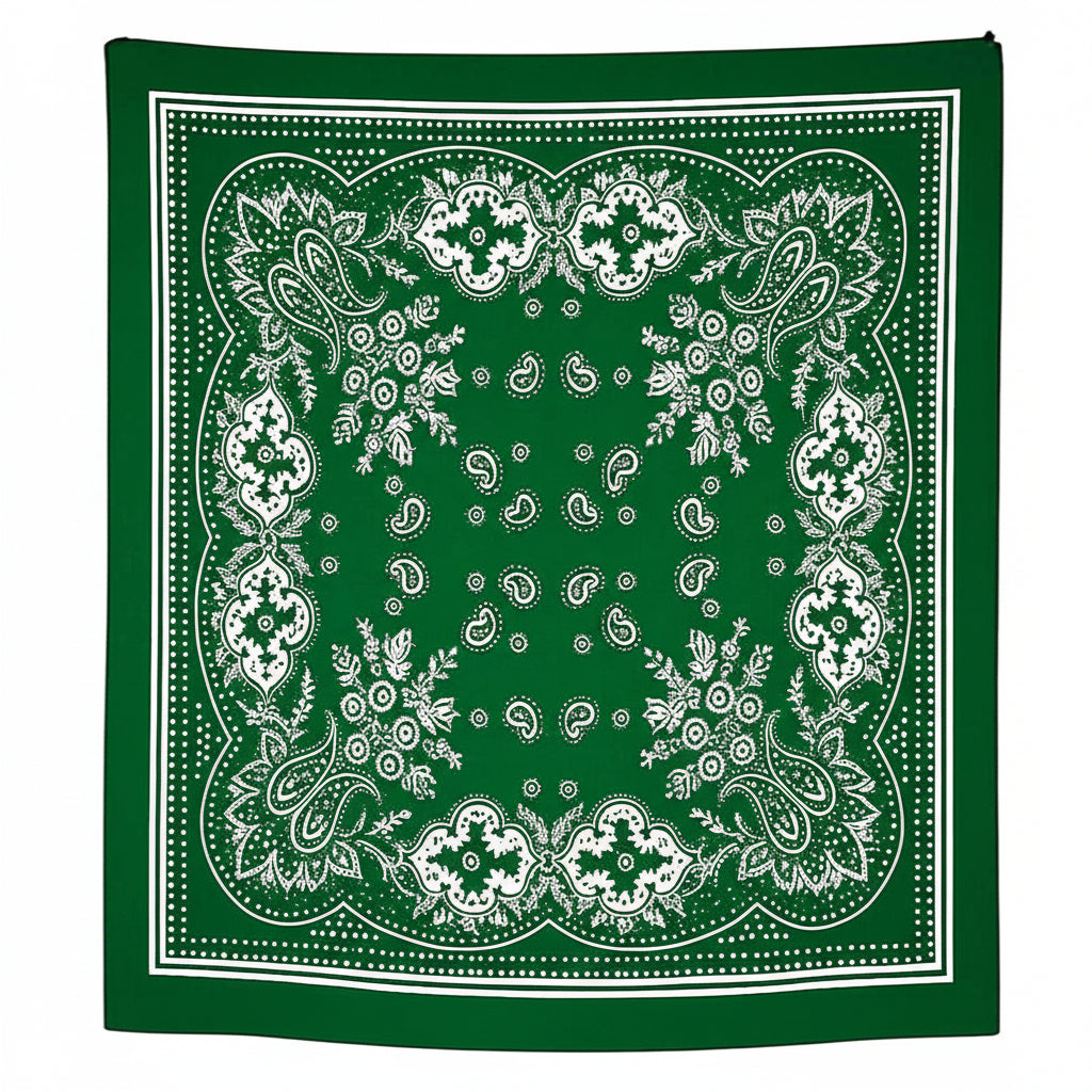 Green bandana with white paisley pattern on a white background