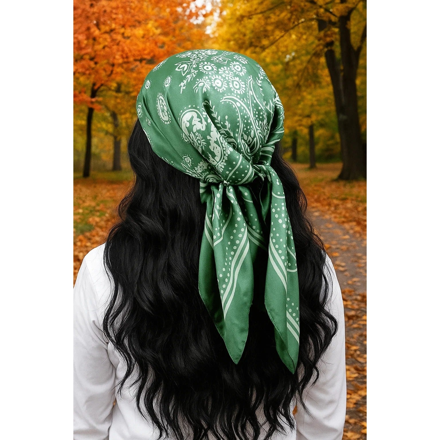 Green White Paisley Square Scarf Wild Rag Bandana Print Satin Neck Head Wrap 27 in