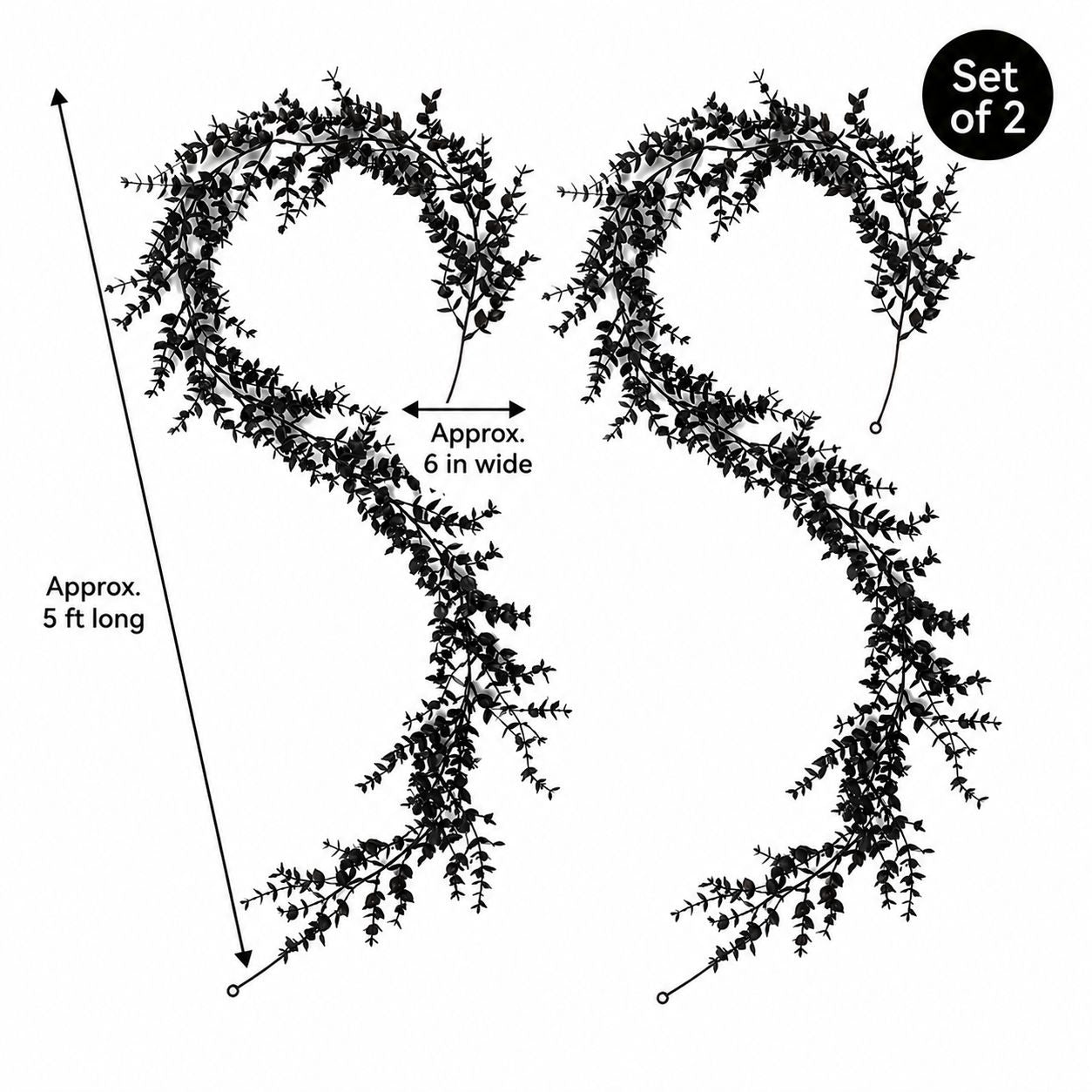 Black silhouette-style product diagram showing a decorative garland shaped like an S, with two identical garland views, measurement arrows, and a black circle reading 'Set of 2' on a white background.