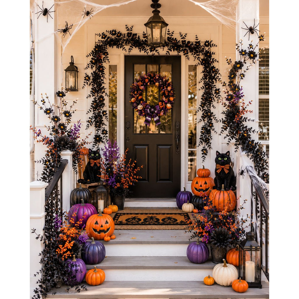 A decorated front porch for Halloween, with a dark door, black lanterns, black cat figurines, carved pumpkins, purple and orange pumpkins, black leaf garlands, spider decorations, and spiderwebs on the porch columns.