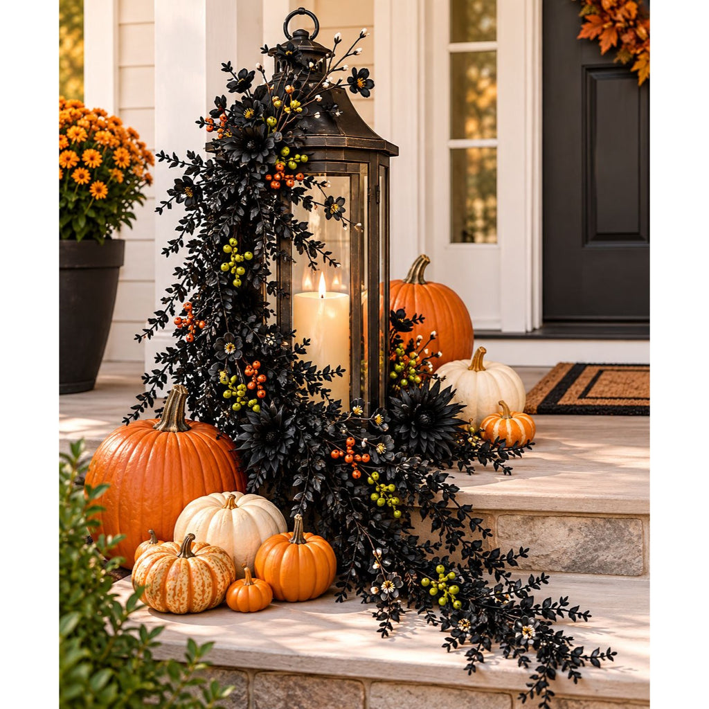 An autumn-themed porch display featuring a black lantern with a lit candle, wrapped in black faux foliage with orange and green berries, surrounded by real pumpkins in orange, white, and beige on stone steps.