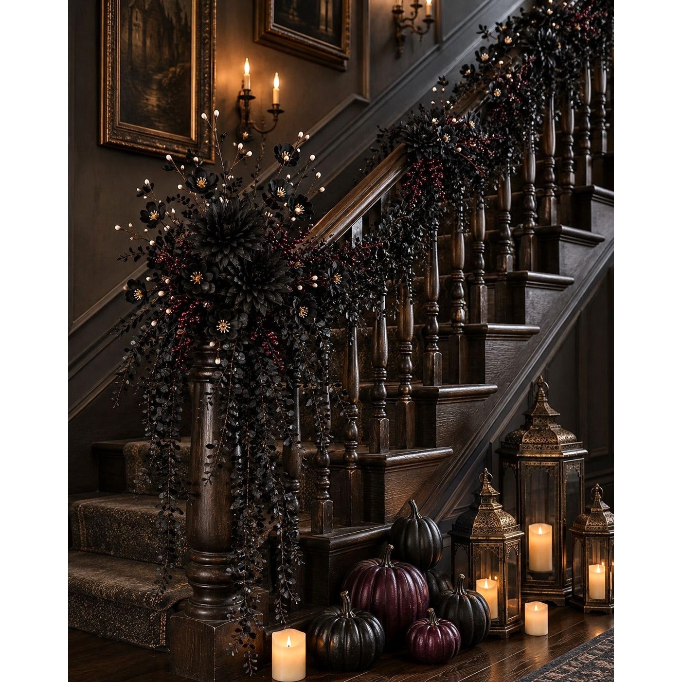 A dark, elegant staircase decorated for Halloween with black berry garlands, lit candles, lanterns, and pumpkins on a dark wood floor.