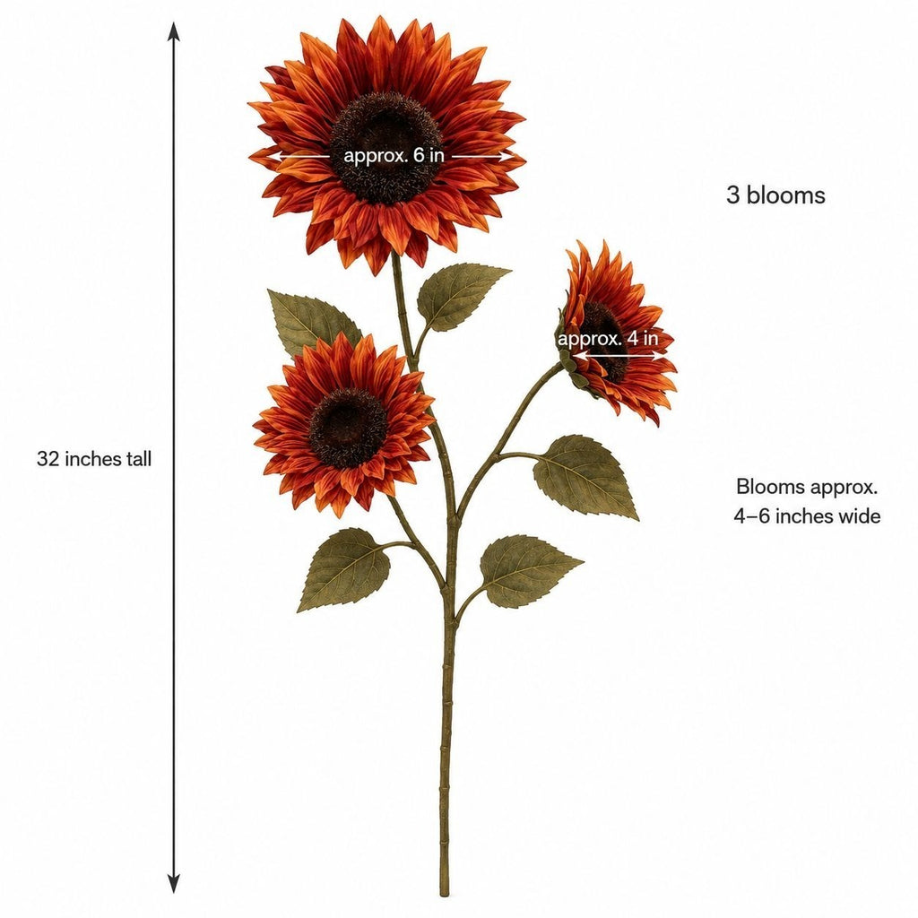 Rust Sunflower Spray, 32-Inch Artificial 3-Bloom Fall Stem