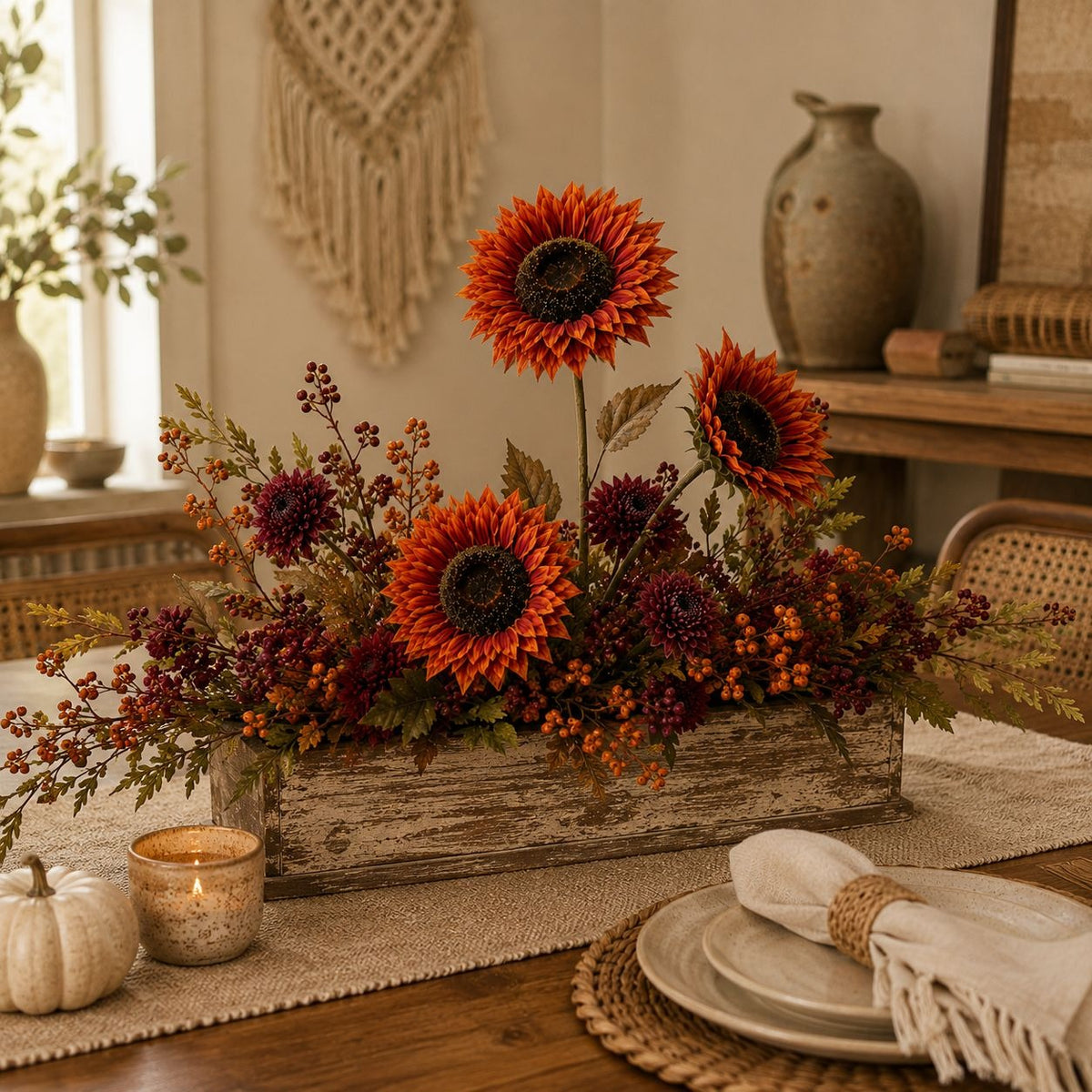 Rust Sunflower Spray, 32-Inch Artificial 3-Bloom Fall Stem